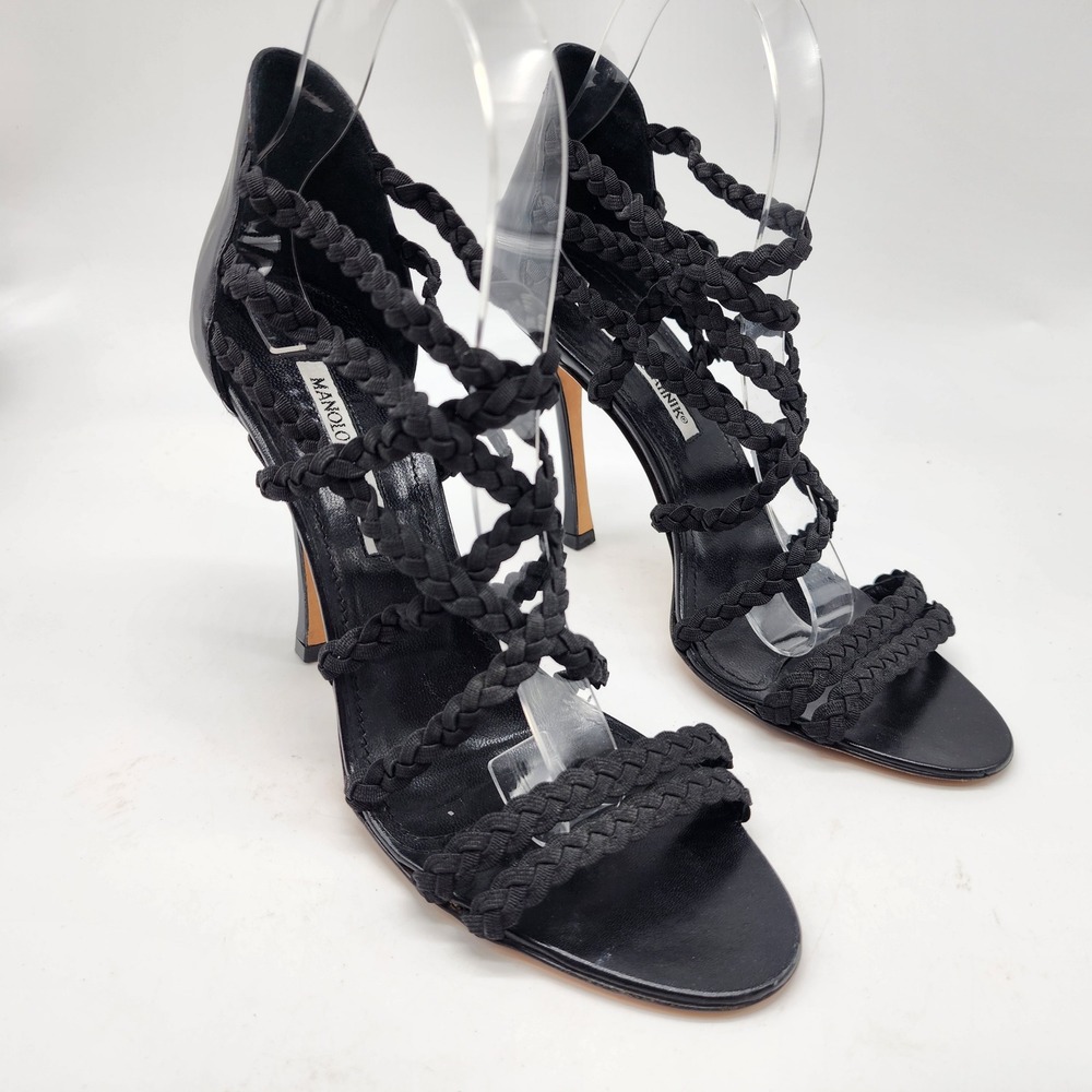 Manolo Blahnik Braided Gladiator Sandal Heels in Black Cotton Women's 39 Strappy